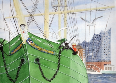 Postkarte DIN-A6 Aquarell Maritim Kunst Druck Kunstdruck Nordsee Hamburg Rickmer Rickmers Elbphilharmonie - HH3